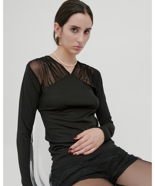 kiehtova(キエトヴァ)の「【kiehtova】TULLE DOCKING TOPS/チュール ドッキング トップス(Tシャツ/カットソー・レディース・アイボリー/ブラック/グレー・FREE)」の8枚目の写真