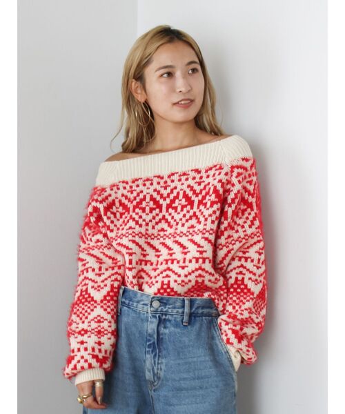 Ungrid（アングリッド）の「【WEB限定】オフショルジャカードニット（ニット/セーター・レディース・ネイビー/レッド/アイボリー・FREE）」の3枚目の写真