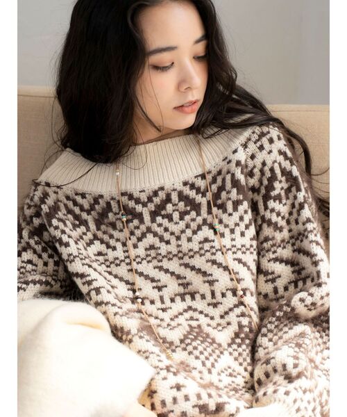 Ungrid（アングリッド）の「【WEB限定】オフショルジャカードニット（ニット/セーター・レディース・ネイビー/レッド/アイボリー・FREE）」の5枚目の写真