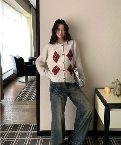 VIVID LADY（ビビッドレディー）の「フラワーアーガイル モヘアタッチ カーディガン（ニット/セーター・レディース・ベージュ/グレー/チャコールグレー・FREE）」の12枚目の写真
