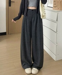 楽ちんチェックフルレングス夏服ワイドイージーパンツ