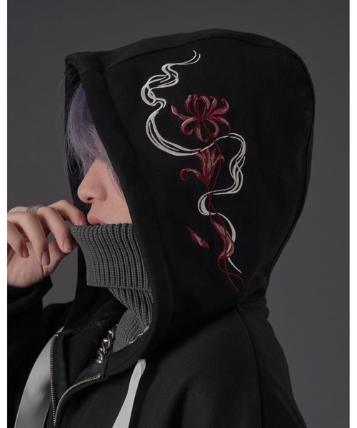 ゆ*り様 トクコ 花柄プリント フード付きジャケット 黒 TOKUKO トクコ