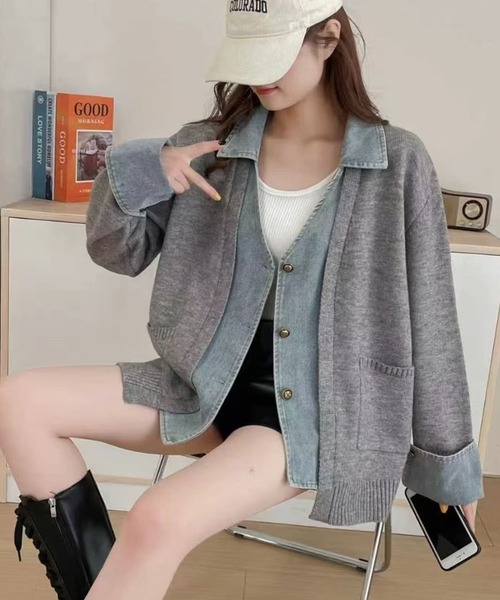 セール】デニムシャツレイヤード風ニットカーディガン（カーディガン