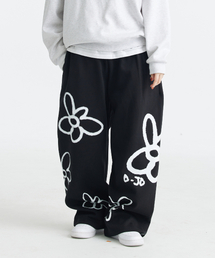 Flower spray stopper wide banding pants (black)