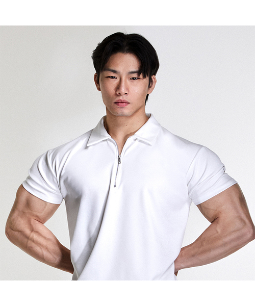 Golfickers ハーフジップ ポロシャツ ホワイト XL ワイドショルダー ハーフジップ マッスルフィット ポロシャツ (スノー