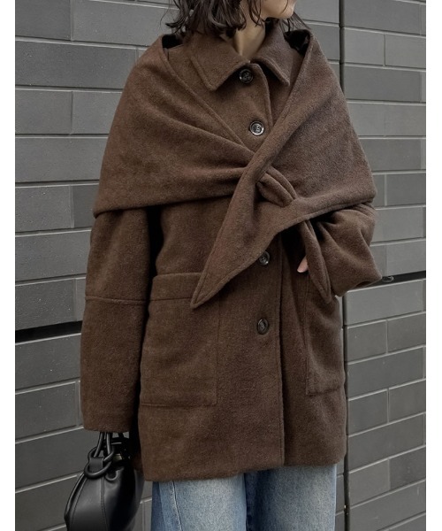 Re:EDIT（リエディ）の「[2点セット]ショール付きステンカラーコート（ステンカラーコート・レディース・ブラウン/チャコール/アイボリー・FREE）」の3枚目の写真