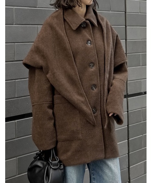 Re:EDIT（リエディ）の「[2点セット]ショール付きステンカラーコート（ステンカラーコート・レディース・ブラウン/チャコール/アイボリー・FREE）」の7枚目の写真