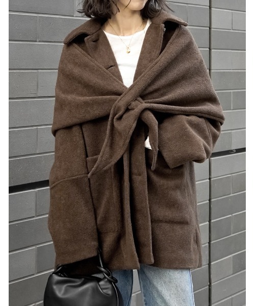 Re:EDIT（リエディ）の「[2点セット]ショール付きステンカラーコート（ステンカラーコート・レディース・ブラウン/チャコール/アイボリー・FREE）」の8枚目の写真