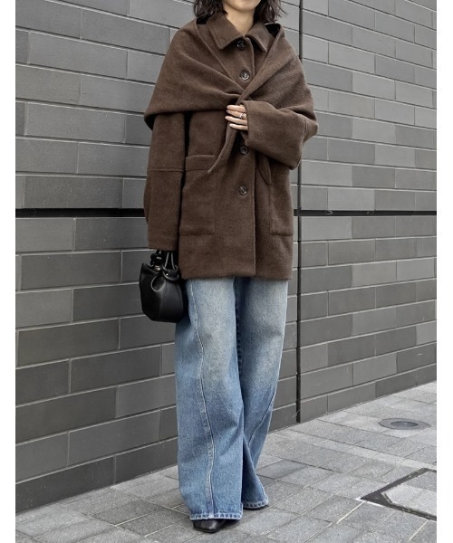 Re:EDIT（リエディ）の「[2点セット]ショール付きステンカラーコート（ステンカラーコート・レディース・ブラウン/チャコール/アイボリー・FREE）」の4枚目の写真