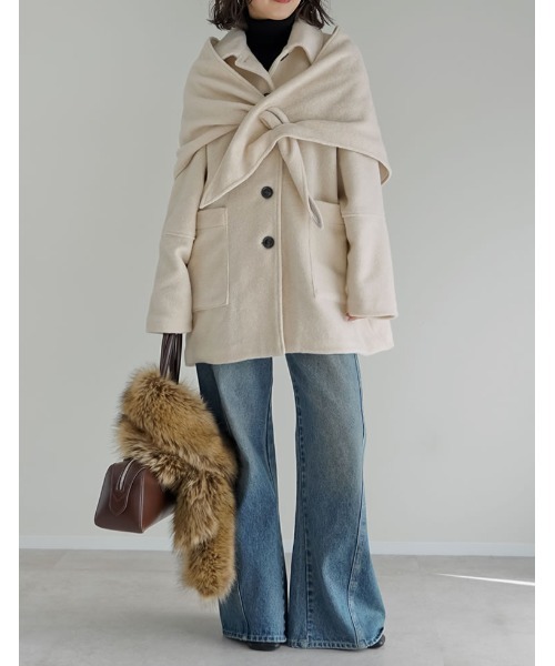 Re:EDIT（リエディ）の「[2点セット]ショール付きステンカラーコート（ステンカラーコート・レディース・ブラウン/チャコール/アイボリー・FREE）」の12枚目の写真