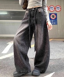 【希少44】バレンザ パンツ ラインストーン ウエストゴム ストレッチ 訳あり セール】【ウォッシュ加工/穿くだけトレンド】大人っぽ煌めきライン