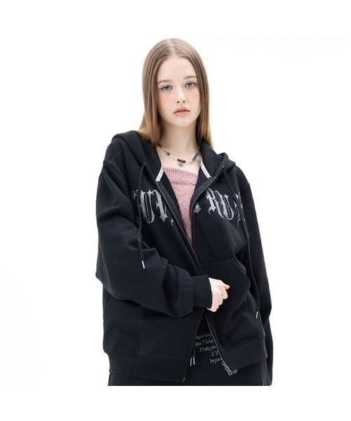 MZ 2‑WAY GLITTER HOOD ZIP UP — чёрная толстовка с блёстками и молнией