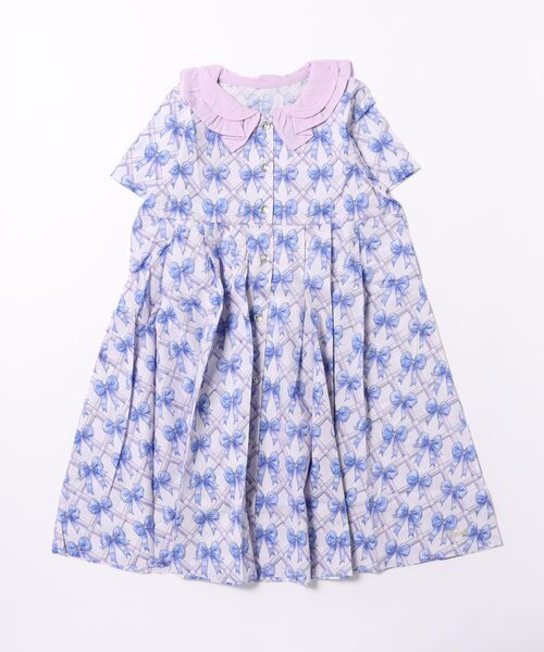 nino(ニノ)の「リボン&フラワープリント 前明きワンピース(ワンピース・キッズ・パープル/オレンジ・130cm/140cm)」の1枚目の写真