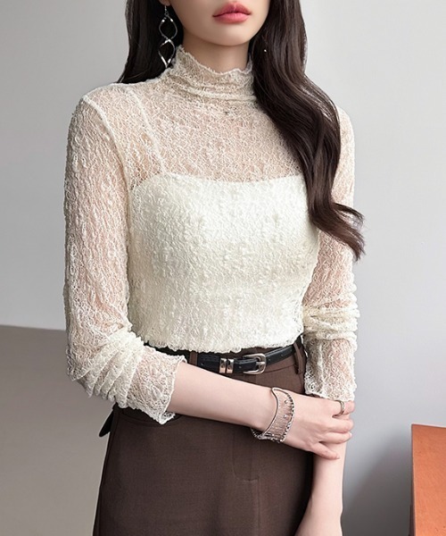 COCOMOMO（ココモモ）の「さりげない透け感で、品よく映える レースシアートップス 総レーストップス シアートップス 長袖 ハイネック レイヤードトップス ストレッチ オケージョン オフィスカジュアル（Tシャツ/カットソー・レディース・ブラック/モカ/アイボリー/ホワイト・FREE）」の4枚目の写真