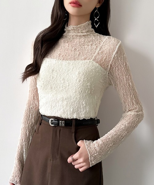 COCOMOMO（ココモモ）の「さりげない透け感で、品よく映える レースシアートップス 総レーストップス シアートップス 長袖 ハイネック レイヤードトップス ストレッチ オケージョン オフィスカジュアル（Tシャツ/カットソー・レディース・ブラック/モカ/アイボリー/ホワイト・FREE）」の5枚目の写真