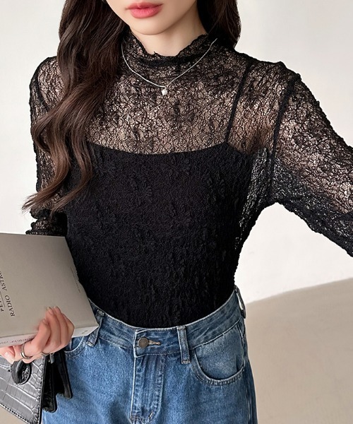 COCOMOMO（ココモモ）の「さりげない透け感で、品よく映える レースシアートップス 総レーストップス シアートップス 長袖 ハイネック レイヤードトップス ストレッチ オケージョン オフィスカジュアル（Tシャツ/カットソー・レディース・ブラック/モカ/アイボリー/ホワイト・FREE）」の8枚目の写真