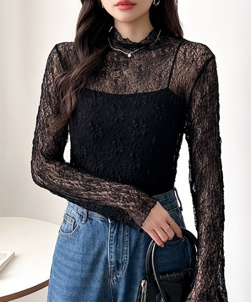 COCOMOMO（ココモモ）の「さりげない透け感で、品よく映える レースシアートップス 総レーストップス シアートップス 長袖 ハイネック レイヤードトップス ストレッチ オケージョン オフィスカジュアル（Tシャツ/カットソー・レディース・ブラック/モカ/アイボリー/ホワイト・FREE）」の7枚目の写真