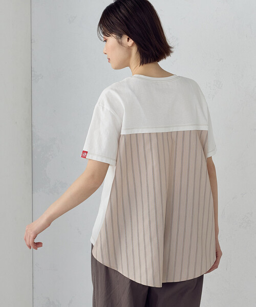 ONIGIRI（オニギリ）の「ドビーストライプ バックフレアＴシャツ（Tシャツ/カットソー・レディース・カーキ/ベージュ・FREE）」の3枚目の写真