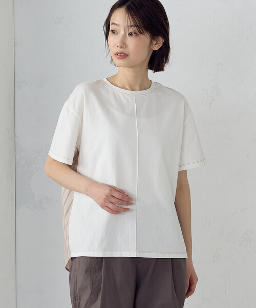 ONIGIRI（オニギリ）の「ドビーストライプ バックフレアＴシャツ（Tシャツ/カットソー・レディース・カーキ/ベージュ・FREE）」の7枚目の写真