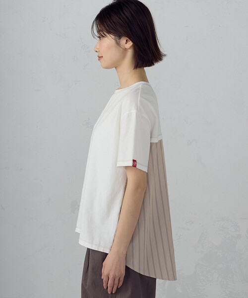 ONIGIRI（オニギリ）の「ドビーストライプ バックフレアＴシャツ（Tシャツ/カットソー・レディース・カーキ/ベージュ・FREE）」の13枚目の写真