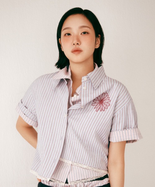 COTTON CROPPED SHIRT HALF SLEEVE STRIPE / コットン クロップド