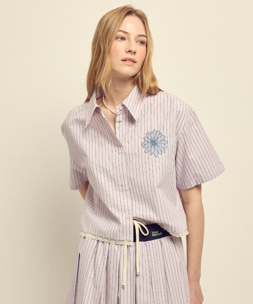 Mardi Mercredi(マルディメクルディ)の「COTTON CROPPED SHIRT HALF SLEEVE STRIPE / コットン クロップド シャツ ハーフスリーブ ストライプ(シャツ/ブラウス・レディース・ピンク/ブルー・FREE)」の13枚目の写真