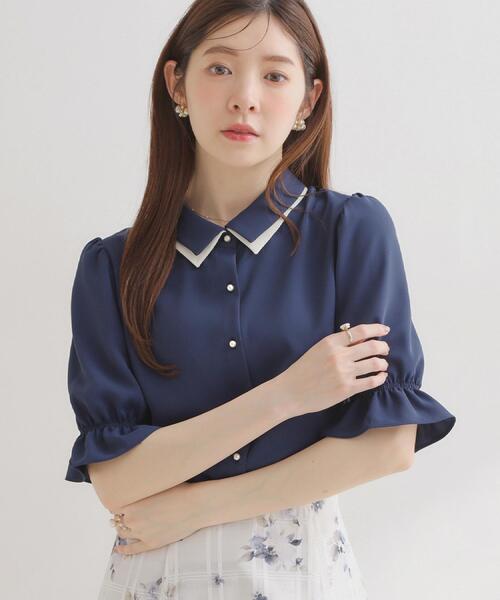 couture brooch(クチュールブローチ)の「【通勤・洗える】配色ダブルカラー ブラウス(シャツ/ブラウス・レディース・グリーン系/ダークグレー/ネイビー・36/38/40/42)」の3枚目の写真