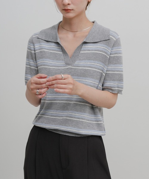 select MOCA(セレクトモカ)の「ボーダースキッパーポロニット(ニット/セーター・レディース・グレー/アイボリー・FREE)」の2枚目の写真