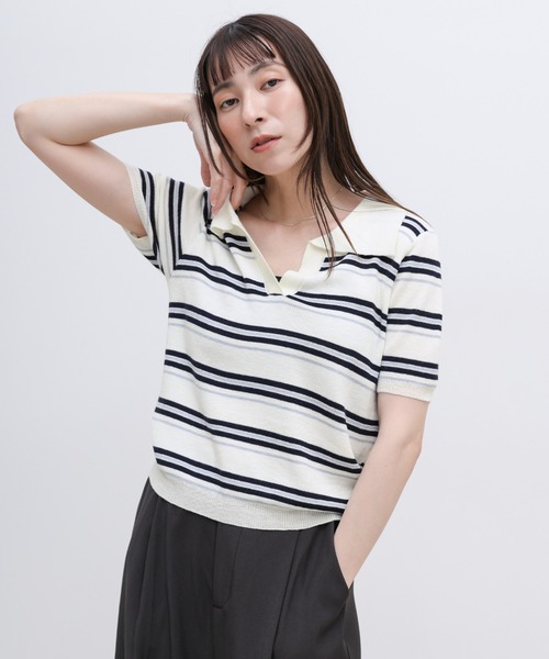 select MOCA(セレクトモカ)の「ボーダースキッパーポロニット(ニット/セーター・レディース・グレー/アイボリー・FREE)」の10枚目の写真