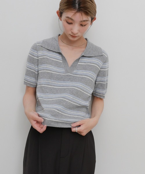 select MOCA(セレクトモカ)の「ボーダースキッパーポロニット(ニット/セーター・レディース・グレー/アイボリー・FREE)」の13枚目の写真
