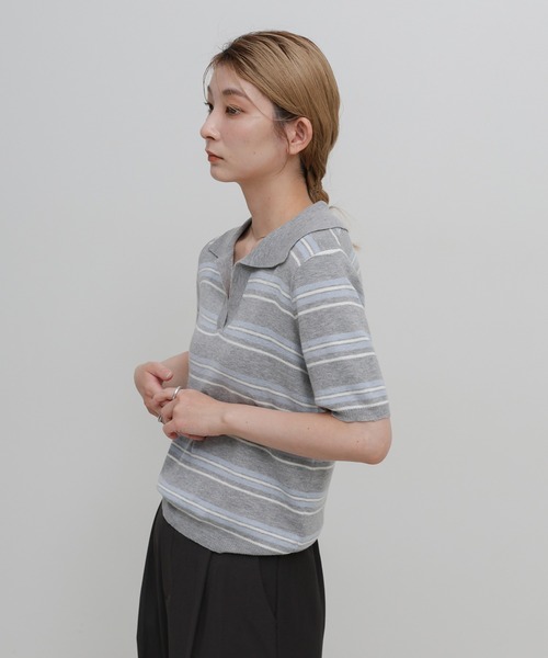 select MOCA(セレクトモカ)の「ボーダースキッパーポロニット(ニット/セーター・レディース・グレー/アイボリー・FREE)」の15枚目の写真