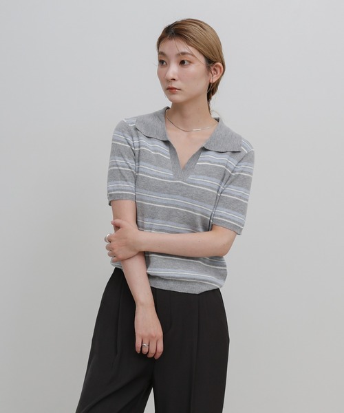 select MOCA(セレクトモカ)の「ボーダースキッパーポロニット(ニット/セーター・レディース・グレー/アイボリー・FREE)」の19枚目の写真
