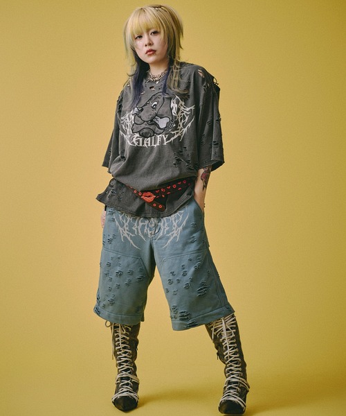 GALFY（ガルフィー）の「【GALFY/ガルフィー】病みに溶かされし犬  ダメージTシャツ（Tシャツ/カットソー・メンズ・スミクロ/アッシュグレー/ブルーグレー・L/M/XL）」の16枚目の写真
