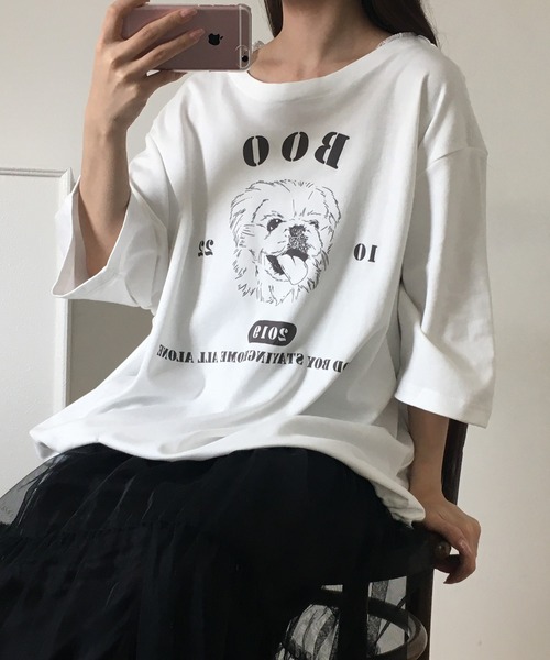 Arinomama(アリノママ)の「Arinomama ペキニーズプリント 裾ドロスト ワイド Tシャツ 180g 40s スムース 半袖(Tシャツ/カットソー・レディース・ホワイト/ブラック/チャコールグレー・FREE)」の1枚目の写真