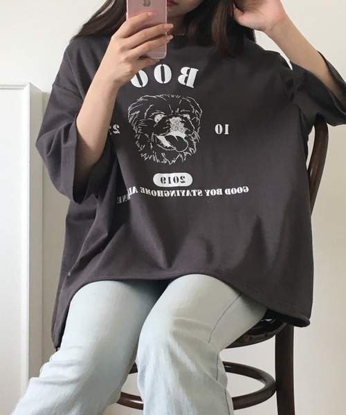 Arinomama(アリノママ)の「Arinomama ペキニーズプリント 裾ドロスト ワイド Tシャツ 180g 40s スムース 半袖(Tシャツ/カットソー・レディース・ホワイト/ブラック/チャコールグレー・FREE)」の2枚目の写真