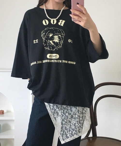 Arinomama(アリノママ)の「Arinomama ペキニーズプリント 裾ドロスト ワイド Tシャツ 180g 40s スムース 半袖(Tシャツ/カットソー・レディース・ホワイト/ブラック/チャコールグレー・FREE)」の3枚目の写真