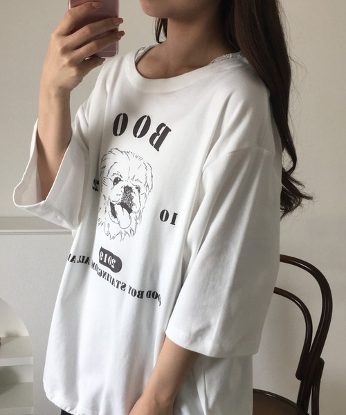 Arinomama(アリノママ)の「Arinomama ペキニーズプリント 裾ドロスト ワイド Tシャツ 180g 40s スムース 半袖(Tシャツ/カットソー・レディース・ホワイト/ブラック/チャコールグレー・FREE)」の4枚目の写真