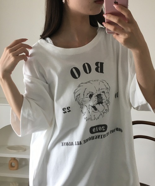 Arinomama(アリノママ)の「Arinomama ペキニーズプリント 裾ドロスト ワイド Tシャツ 180g 40s スムース 半袖(Tシャツ/カットソー・レディース・ホワイト/ブラック/チャコールグレー・FREE)」の5枚目の写真