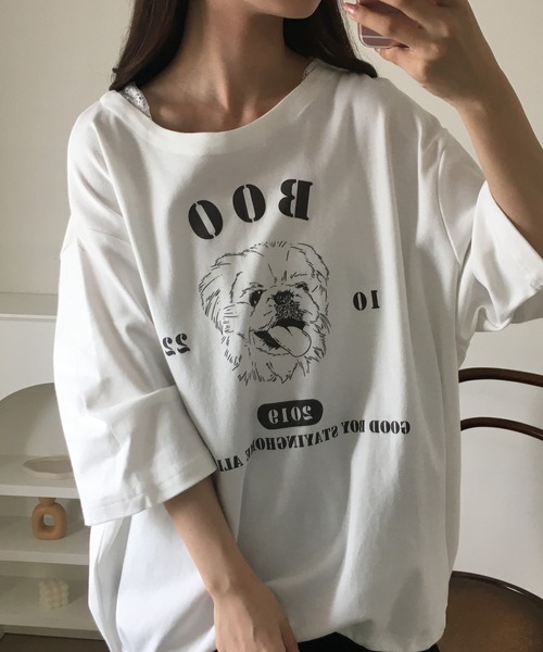 Arinomama(アリノママ)の「Arinomama ペキニーズプリント 裾ドロスト ワイド Tシャツ 180g 40s スムース 半袖(Tシャツ/カットソー・レディース・ホワイト/ブラック/チャコールグレー・FREE)」の6枚目の写真