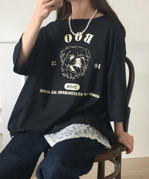 Arinomama(アリノママ)の「Arinomama ペキニーズプリント 裾ドロスト ワイド Tシャツ 180g 40s スムース 半袖(Tシャツ/カットソー・レディース・ホワイト/ブラック/チャコールグレー・FREE)」の9枚目の写真