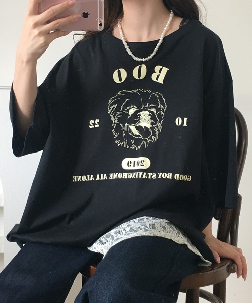 Arinomama(アリノママ)の「Arinomama ペキニーズプリント 裾ドロスト ワイド Tシャツ 180g 40s スムース 半袖(Tシャツ/カットソー・レディース・ホワイト/ブラック/チャコールグレー・FREE)」の11枚目の写真