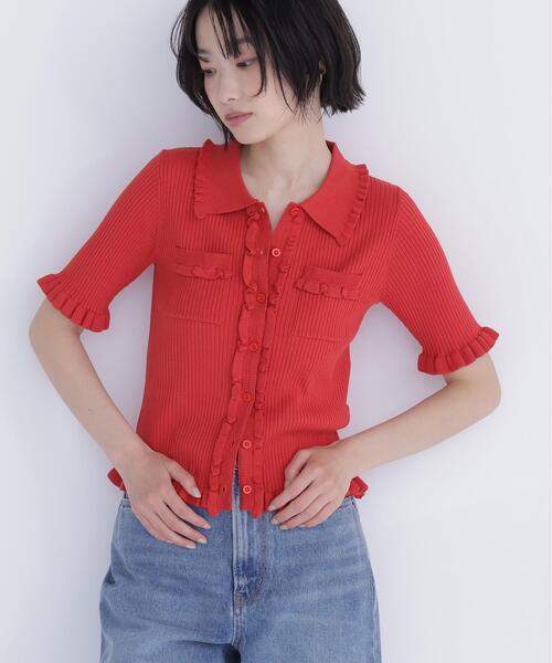 NATURAL BEAUTY BASIC(ナチュラルビューティーベーシック)の「フリルリブポケットカーディガン(カーディガン/ボレロ・レディース・レッド/ブラック/オフホワイト・フリ-)」の1枚目の写真