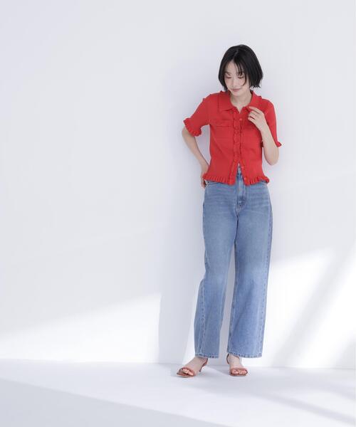 NATURAL BEAUTY BASIC(ナチュラルビューティーベーシック)の「フリルリブポケットカーディガン(カーディガン/ボレロ・レディース・レッド/ブラック/オフホワイト・フリ-)」の4枚目の写真