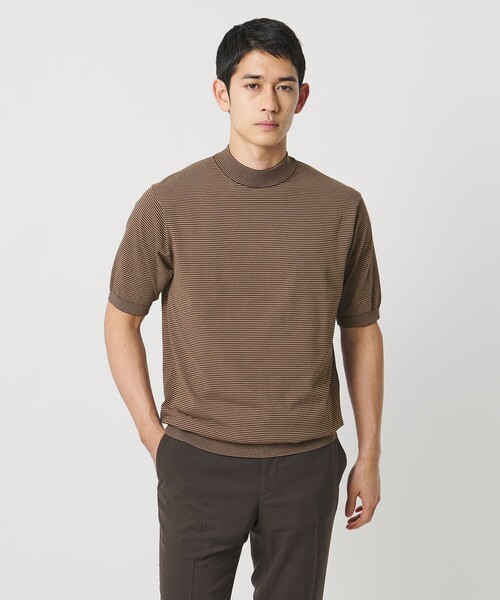 セール】ショートスリーブ ボーダー モックネック ニットTシャツ UA