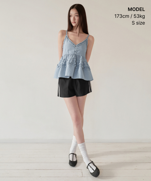 MUSINSA STANDARD WOMAN（ムシンサスタンダードウーマン）の「ウィメンズチェックフリルスリーブレストップ[ブルー]（シャツ/ブラウス・レディース・その他・X-SMALL/SMALL/MEDIUM/LARGE）」の2枚目の写真