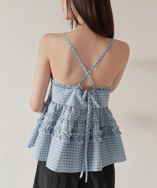 MUSINSA STANDARD WOMAN（ムシンサスタンダードウーマン）の「ウィメンズチェックフリルスリーブレストップ[ブルー]（シャツ/ブラウス・レディース・その他・X-SMALL/SMALL/MEDIUM/LARGE）」の6枚目の写真