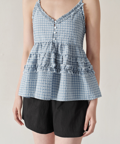 MUSINSA STANDARD WOMAN（ムシンサスタンダードウーマン）の「ウィメンズチェックフリルスリーブレストップ[ブルー]（シャツ/ブラウス・レディース・その他・X-SMALL/SMALL/MEDIUM/LARGE）」の7枚目の写真