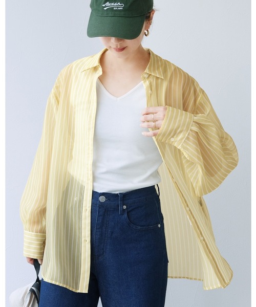 reca(レカ)の「無地/ストライプ柄シアーBIGシャツ(シャツ/ブラウス・レディース・ピンク/ブルー系その他/イエロー/イエロー系その他・FREE)」の1枚目の写真