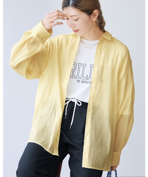reca(レカ)の「無地/ストライプ柄シアーBIGシャツ(シャツ/ブラウス・レディース・ピンク/ブルー系その他/イエロー/イエロー系その他・FREE)」の3枚目の写真