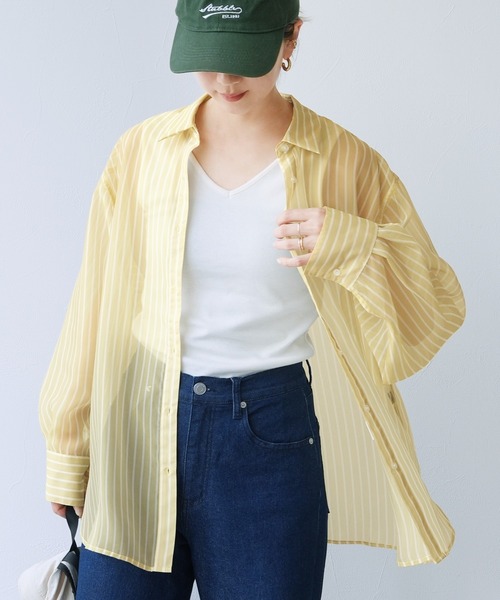 reca(レカ)の「無地/ストライプ柄シアーBIGシャツ(シャツ/ブラウス・レディース・ピンク/ブルー系その他/イエロー/イエロー系その他・FREE)」の12枚目の写真